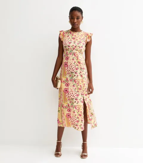 Women's Pink Crepe Patchwork Print Slit Hem Midi Dress