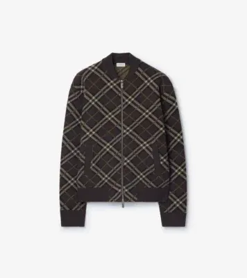 Check Wool Cashmere Bomber Jacket in Truffle brown