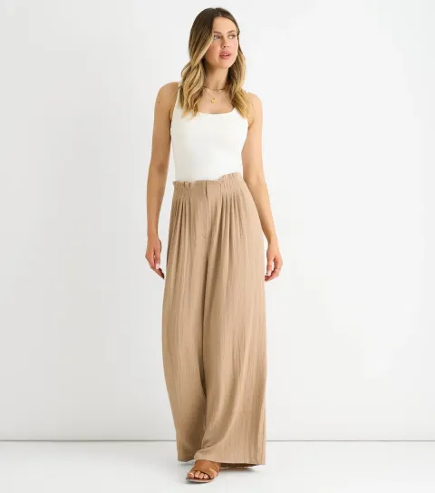 Women's Camel Gathered Paperbag Wide Leg Trousers