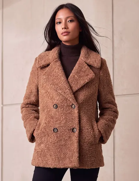 Roman Petite Double Breasted Boucle Coat Tan