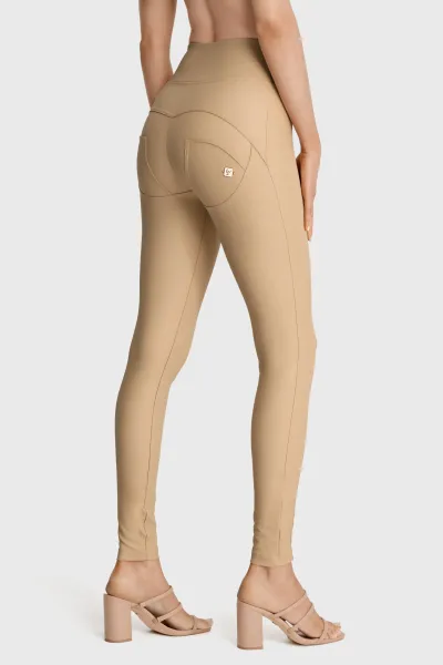 Freddy WRUP Faux Leather with Button Detail - Super High Waisted - Full Length - Sand
