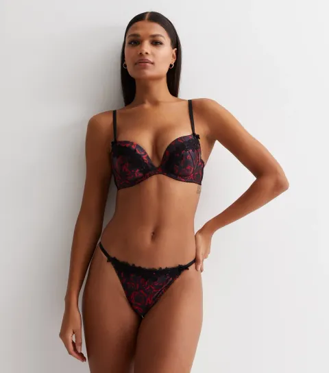 Women's Red Floral Print Satin Embroidered Trim Thong
