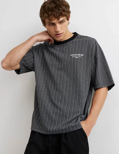 River Island Oversized Pure Cotton Striped Short Sleeve T-Shirt Black Mix