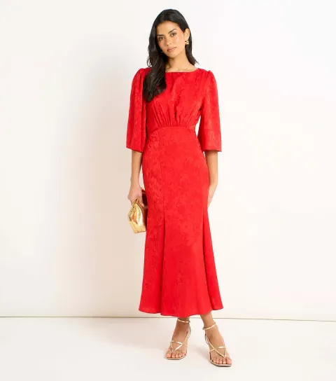 Women's Bright Red Floral Jacquard Satin Midi Dress