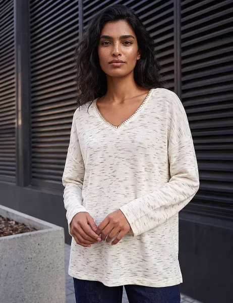 Roman V Neck Fitted Stitch Detail Top Natural Mix