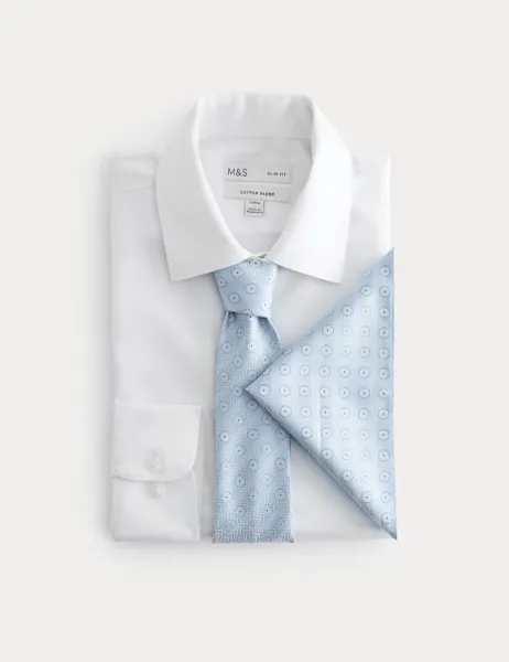 Marks & Spencer 3 Piece Slim Fit Easy Iron Shirt & Tie Set Blue Mix