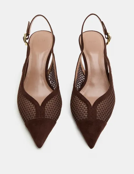 Marks & Spencer Mesh Kitten Heel Pointed Slingback Shoes Brown