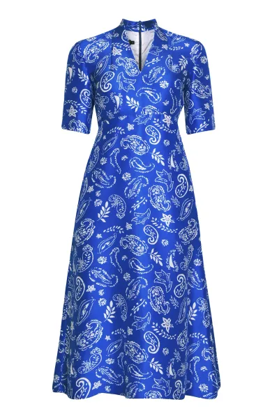 Silk Dress with A-line Skirt in Royal Blue/Ivory Paisley Print - Emi
