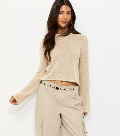 Women's Oatmeal Cotton Rich Cropped Textured Jumper
