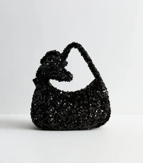 New Look Black Velvet Sequin Bow Grab Handle Clutch Bag