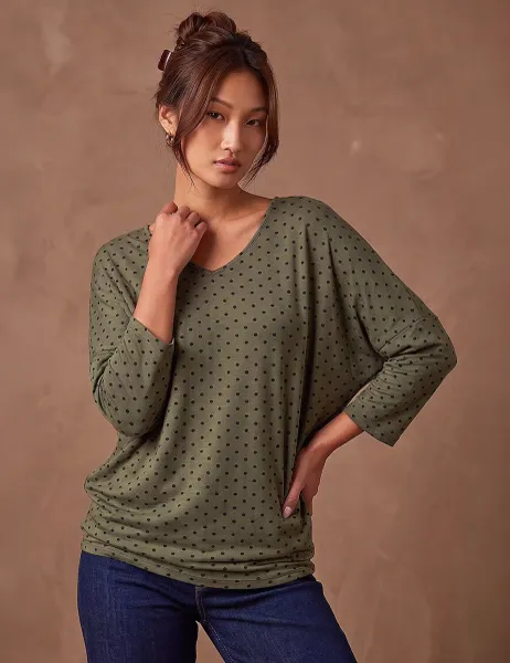 Roman Polka Dot V Neck Stretch Top Khaki