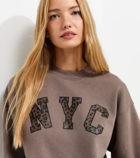 Women's Light Brown Cotton Rich Leopard Print NYC Sweatshirt