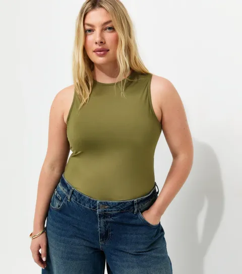 New Look Women's Plus Size Dark Khaki Slinky Racerback Bodysuit Curves
