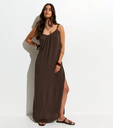 Women's Dark Brown Crinkle Texture Beaded Maxi Dress