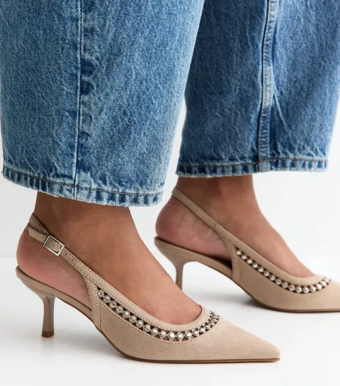 New Look Women's Light Brown Faux Suede Studded Slingback Court Shoes Vegan