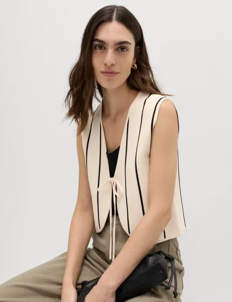 Marks & Spencer Tie Front Striped Cropped Knitted Waistcoat Vanilla