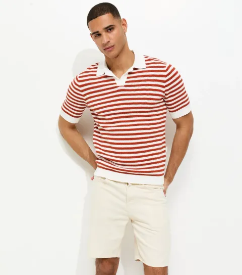 Only & Sons Men's Rust Striped Knitted Polo Shirt
