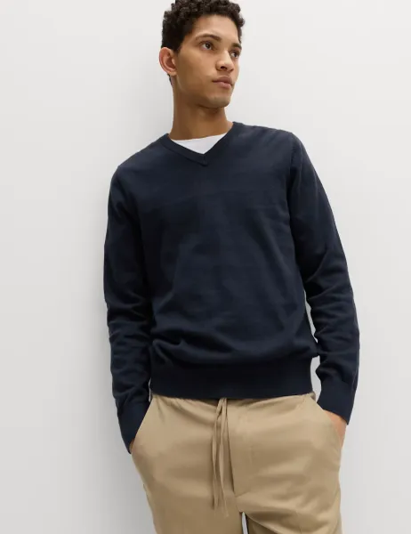 Marks & Spencer Pure Cotton V-Neck Jumper Dark Navy