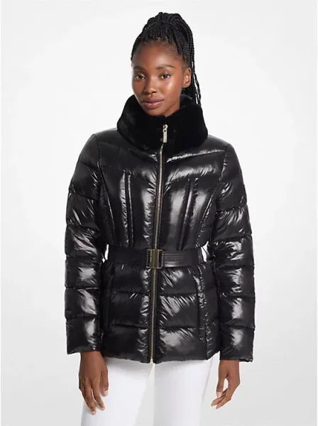 Michael Kors Packable Quilted Nylon and Faux Fur Trim Puffer Jacket