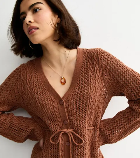 Women's Brown Cotton Rich Stitchy Knit Tie Waist Cardigan