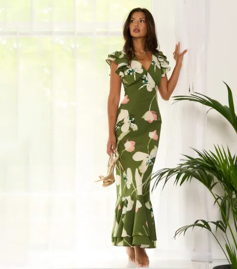 Women's Green Floral Print Maxi Dress