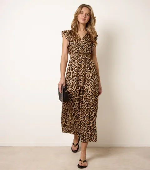 Women's Brown Leopard Print Midi Dress