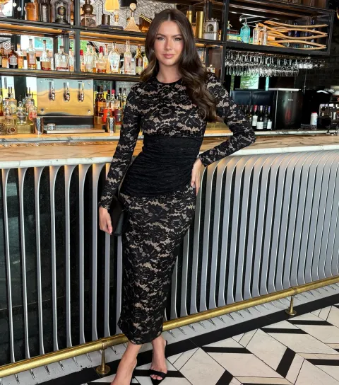 Women's Black Lace Long Sleeve Midi Dress