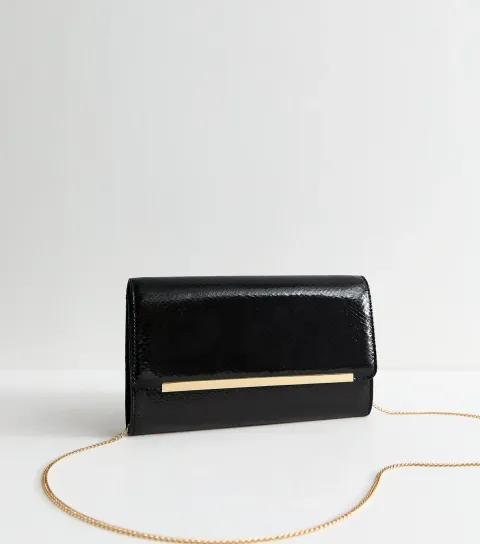 New Look Black Metallic Bar Snakeskin Texture Clutch