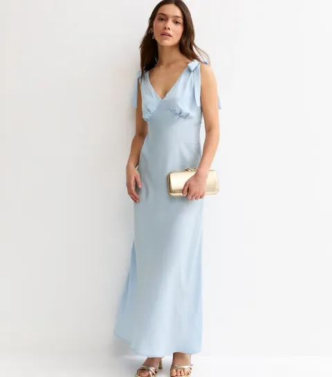 Women's Petite Light Blue Satin Tie Shoulder Midi Dress