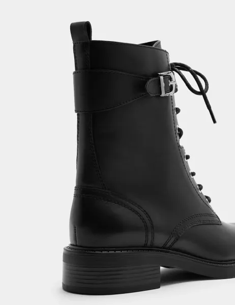 Marks & Spencer Leather Biker Lace Up Ankle Boots Black