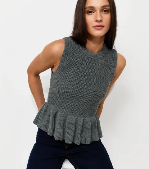 Women's Dark Grey With Cotton Ribbed Knit Peplum Hem Vest Top