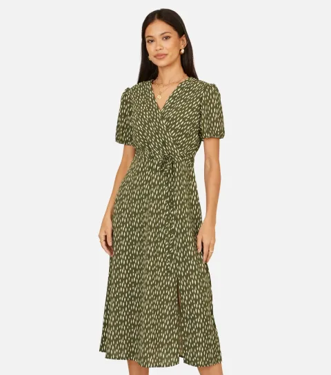 Women's Green Spot Print Wrap Midi Dress