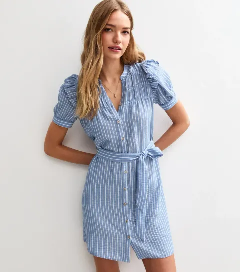 Women's Blue Striped Belted Mini Dress