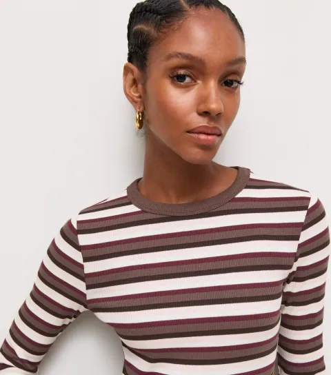 Women's Red Cotton Rich Striped Long Sleeve Ribbed Top
