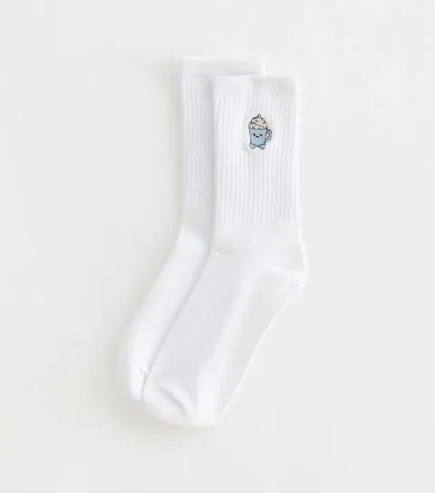 White Cotton Rich Hot Chocolate Embroidered Ribbed Tube Socks