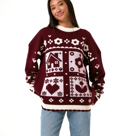 Skinnydip Women's Light Burgundy Cosy Cottage Oversized Knitted Jumper