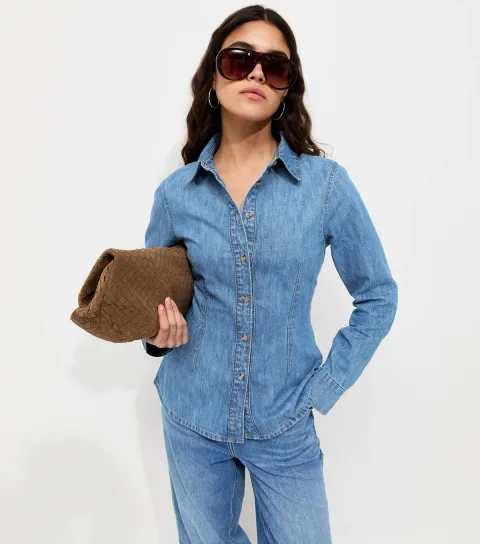 New Look Women's Blue Fitted Denim Long Sleeve Shirt
