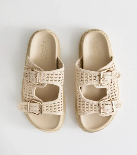 Women's Off White Basket Weave Buckled Strap Sandals