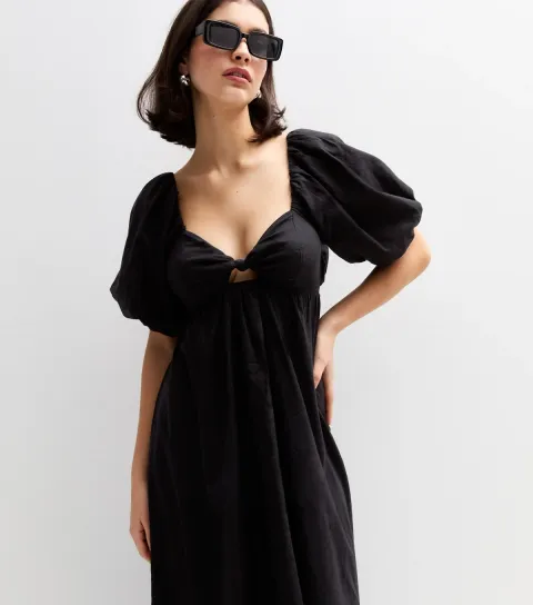 Women's Black Puff Sleeve Knotted Front Midi Dress