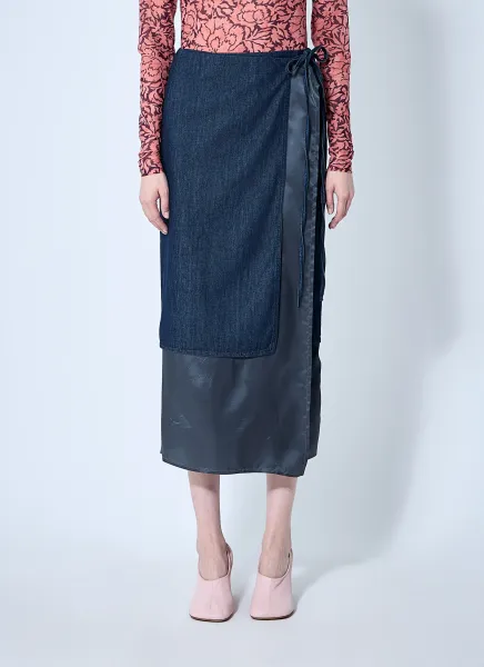 Denim And Satin Wrap Skirt