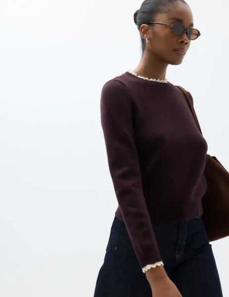Marks & Spencer Lace Detail Crew Neck Jumper with Wool Dark Aubergine