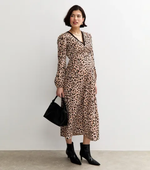 Women's Maternity Brown Leopard Print Lace Trim Midi Dress