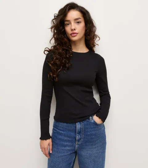 Women's Petite Black Long Sleeve Babylock Top