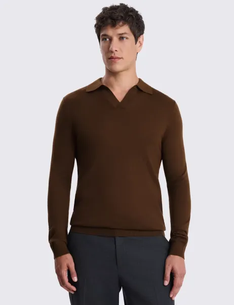 Moss Merino Wool Rich Knitted Polo Shirt Brown