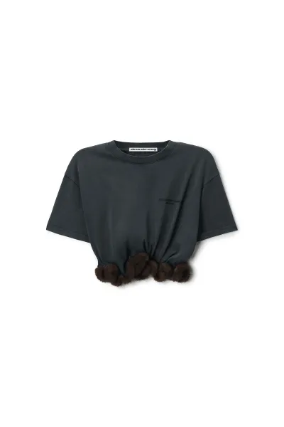 FAUX FUR TRIM SHORT SLEEVE TEE