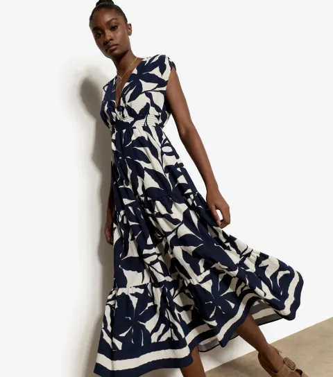Women's Blue Floral Silhouette Print Midi Dress