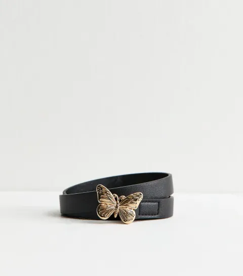 Black Faux Leather Butterfly Buckle Belt