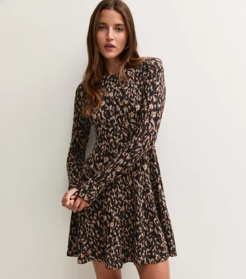 New Look Women's Brown Leopard Print Long Sleeve Skater Mini Dress