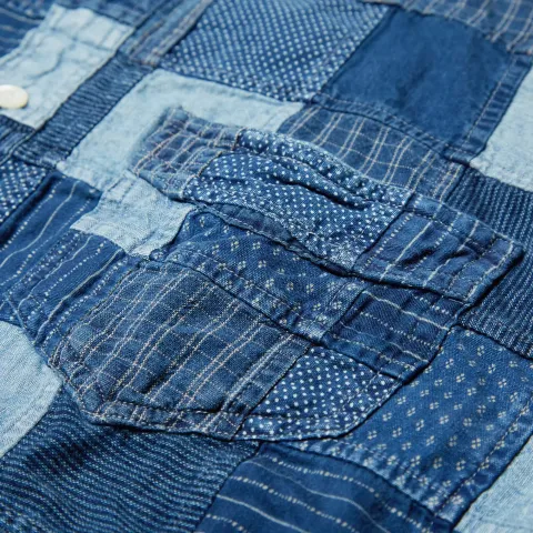 Short Sleeve Indigo Panel Patchwork Shirt