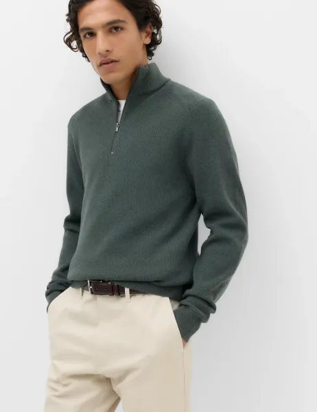 Marks & Spencer Cotton Blend Ribbed Half Zip Jumper Cedar